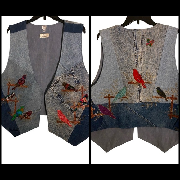 Vintage Signed Colorful Bird Embroidered Gold Trim Denim Grandmacore Vest XXL - Picture 1 of 15